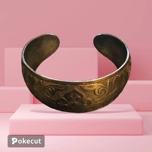 Silver Toned Chinese Vtg Etched Floral Hollow Bangle Bracelet